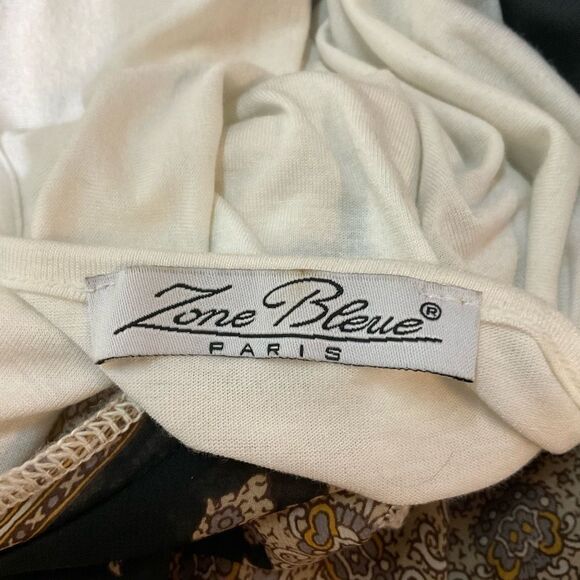 Zone Bleue Paris white with scarf print double tie front bell sleeves blouse S - Picture 7 of 7